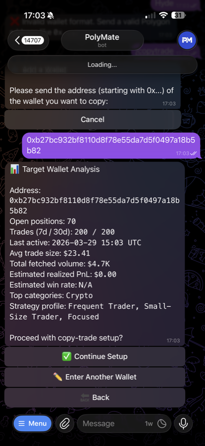 PolyMate target wallet analysis screenshot