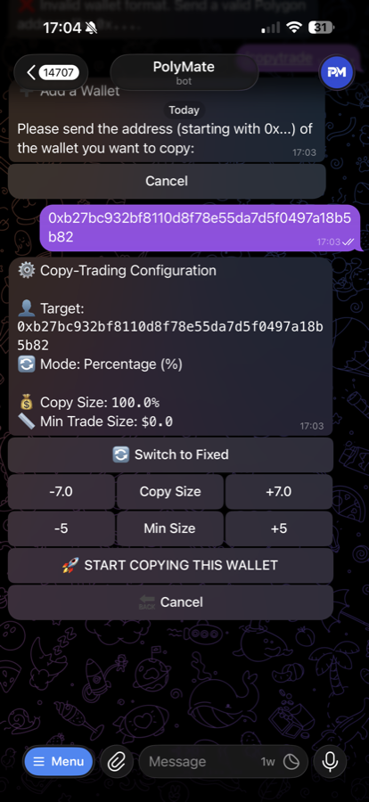 PolyMate copy trading setup screenshot